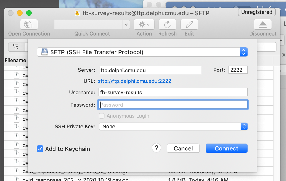 Screenshot of Cyberduck's screen to enter credentials.