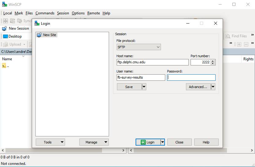 Screenshot of WinSCP's credentials and login screen.